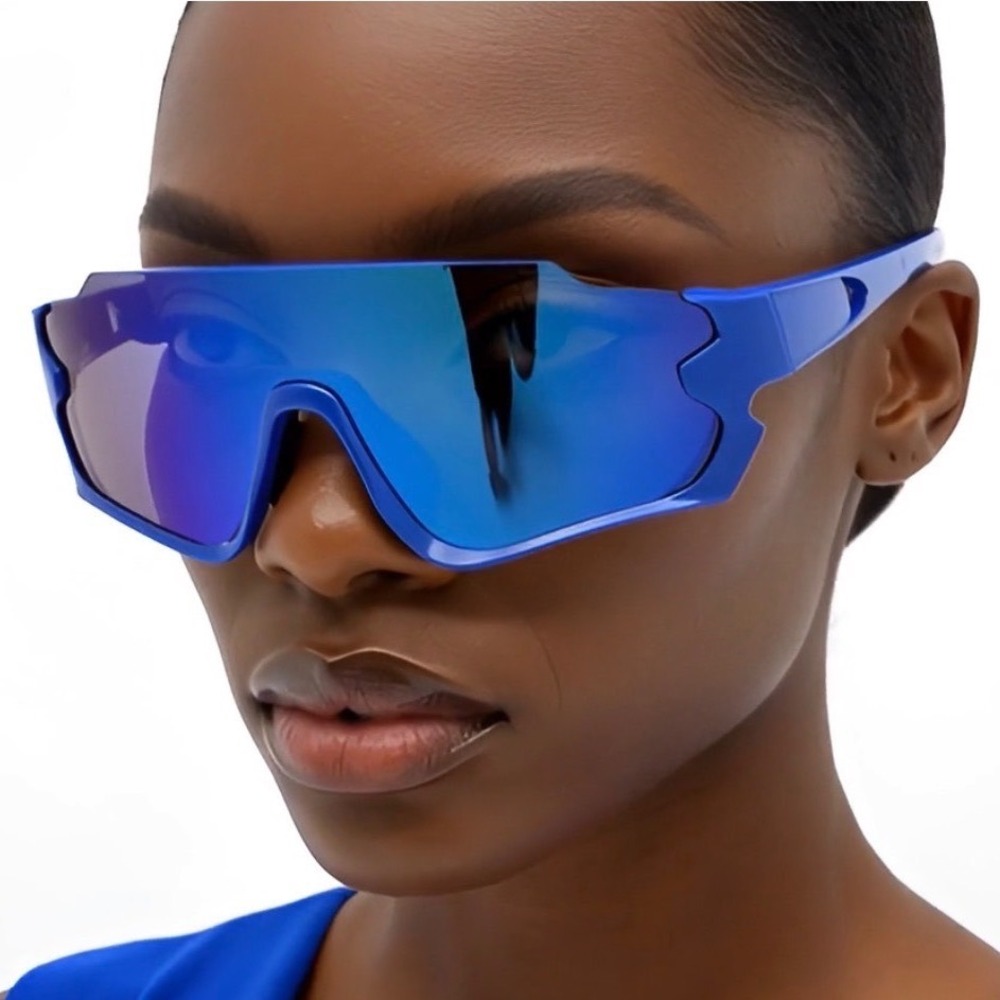 Royal Blue Oversized Shield Sunglasses‎ Futuristic Mirror Lens Wrap Sporty Visor